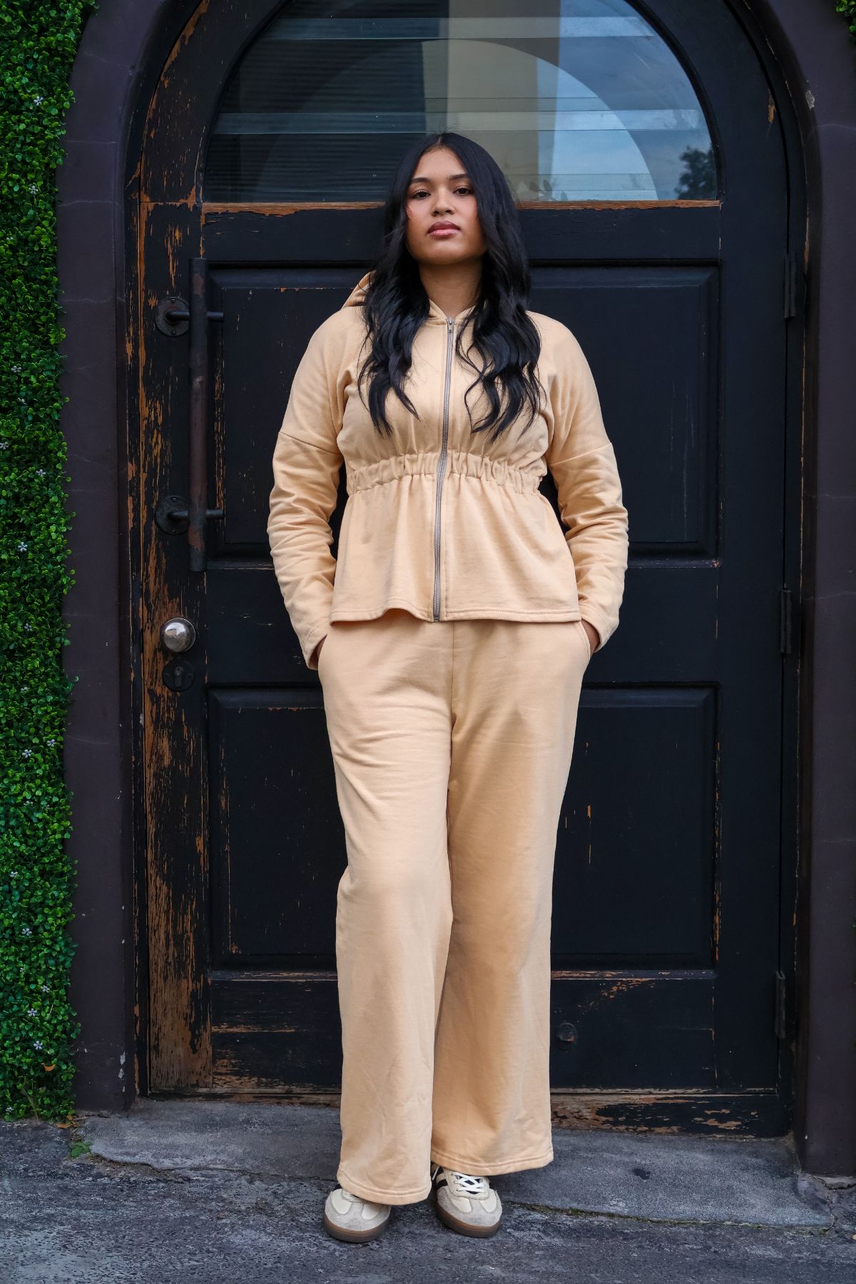 Hiraa Tracksuit in Camel, front view